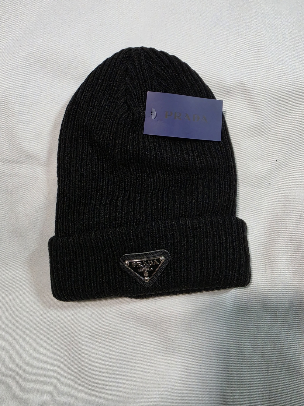 Black Ribbed Knit Beanie Hat with Silver Triangle Plaque